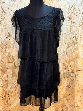 Vintage 100% Silk Black Tiered Dress – Lace – Italian Boho Romantic – Size S